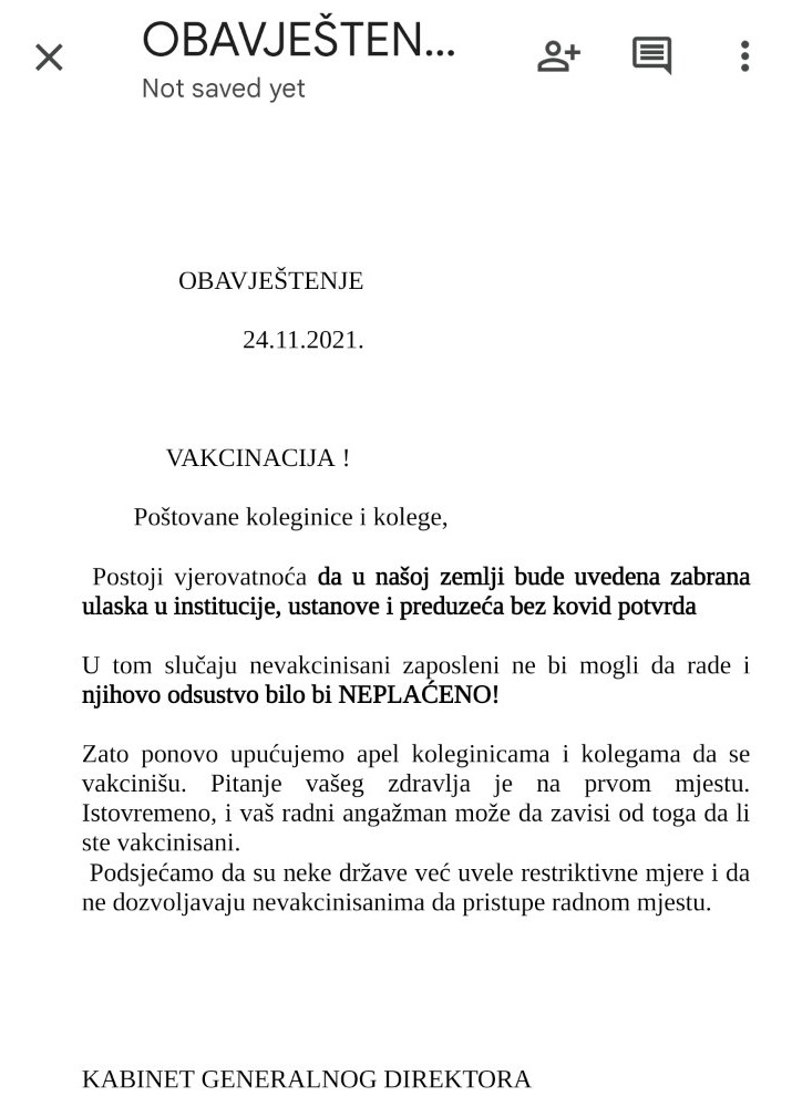 Obavještenje zaposlenima u RTCG