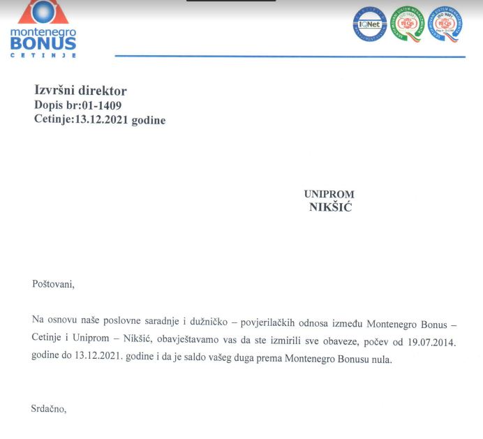 Kopija dopisa iz kompanije Montenegro Bonus
