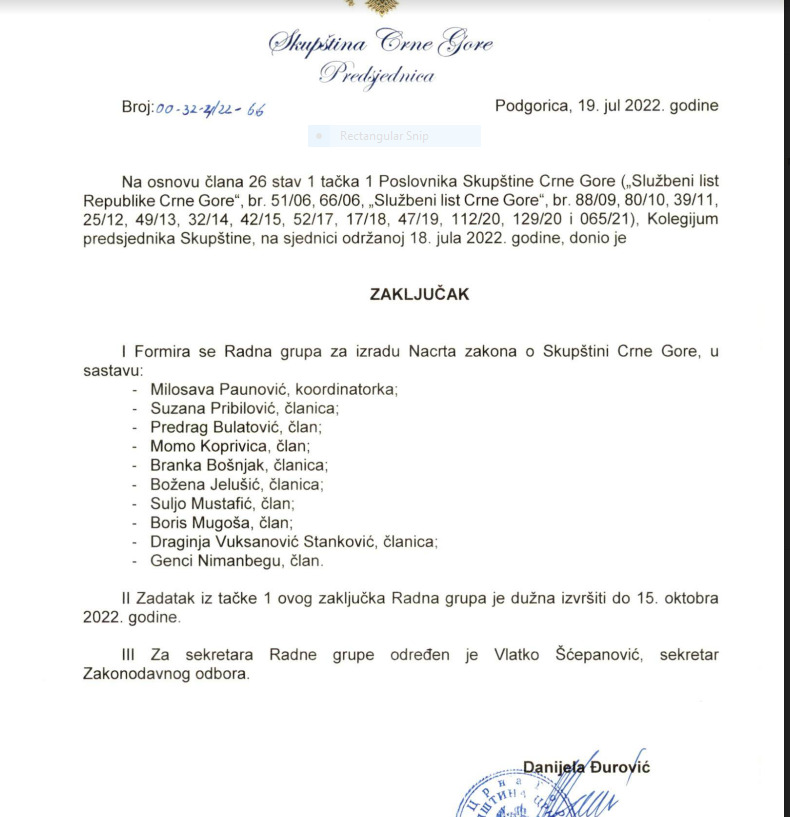 Potpisan Zaključak o formiranju Radne grupe za izradu Nacrta zakona o Skupštini 