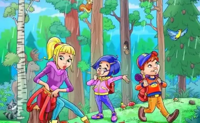 Na slici možete vidjeti šumski prizor u kojem se mogu vidjeti mnoge životinje poput rakuna, ježa, vjeverice, i ptica poput djetlića, sove…