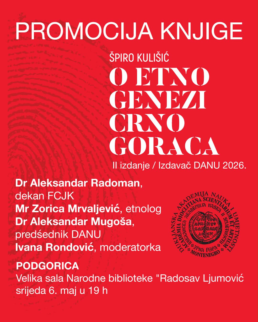 Promocija knjige “O etnogenezi Crnogoraca” 6. maja u Narodnoj biblioteci “Radosav Ljumović”