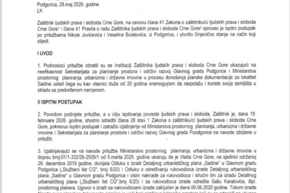 Ombudsman potvrdio povredu prava na imovinu u Sadinama